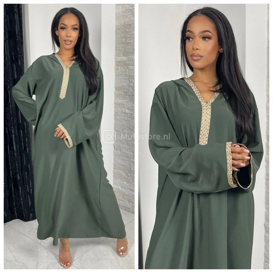 Golden Embroidery Wrist Hoodie Neck Abaya Super Oversized - Image 15