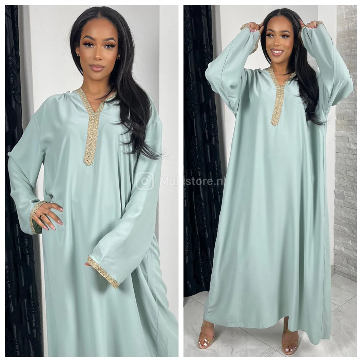 Golden Embroidery Wrist Hoodie Neck Abaya Super Oversized - Image 3