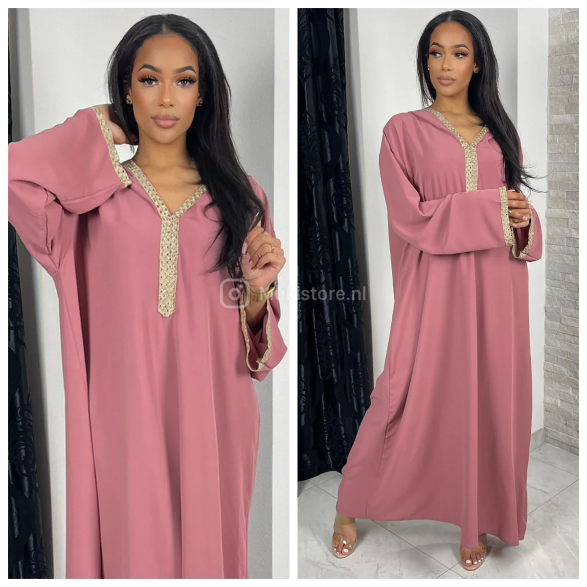 Golden Embroidery Wrist Hoodie Neck Abaya Super Oversized - Image 4