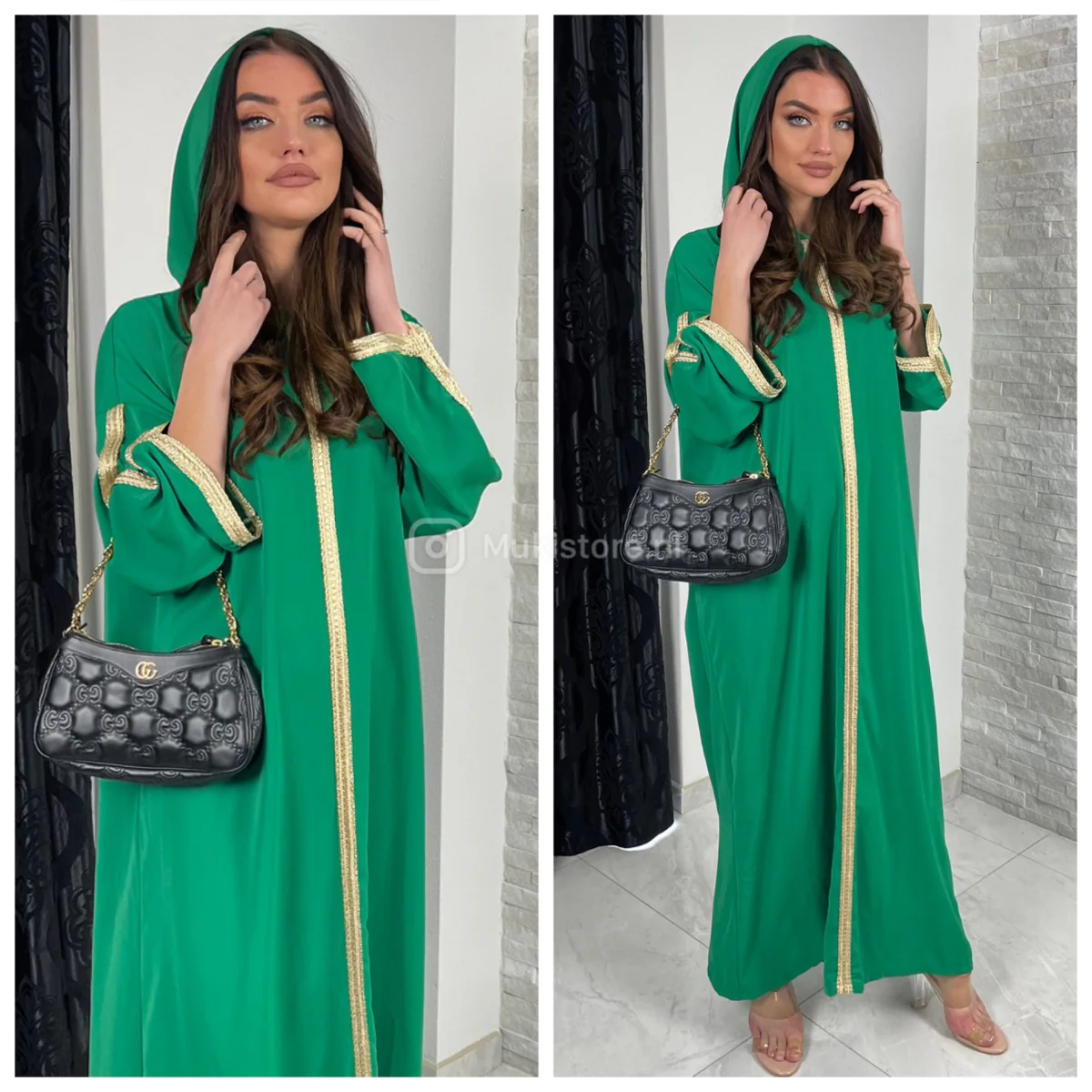 Headscarf Abaya Golden Embroidery Sleeves And Mid Stripe - Image 11