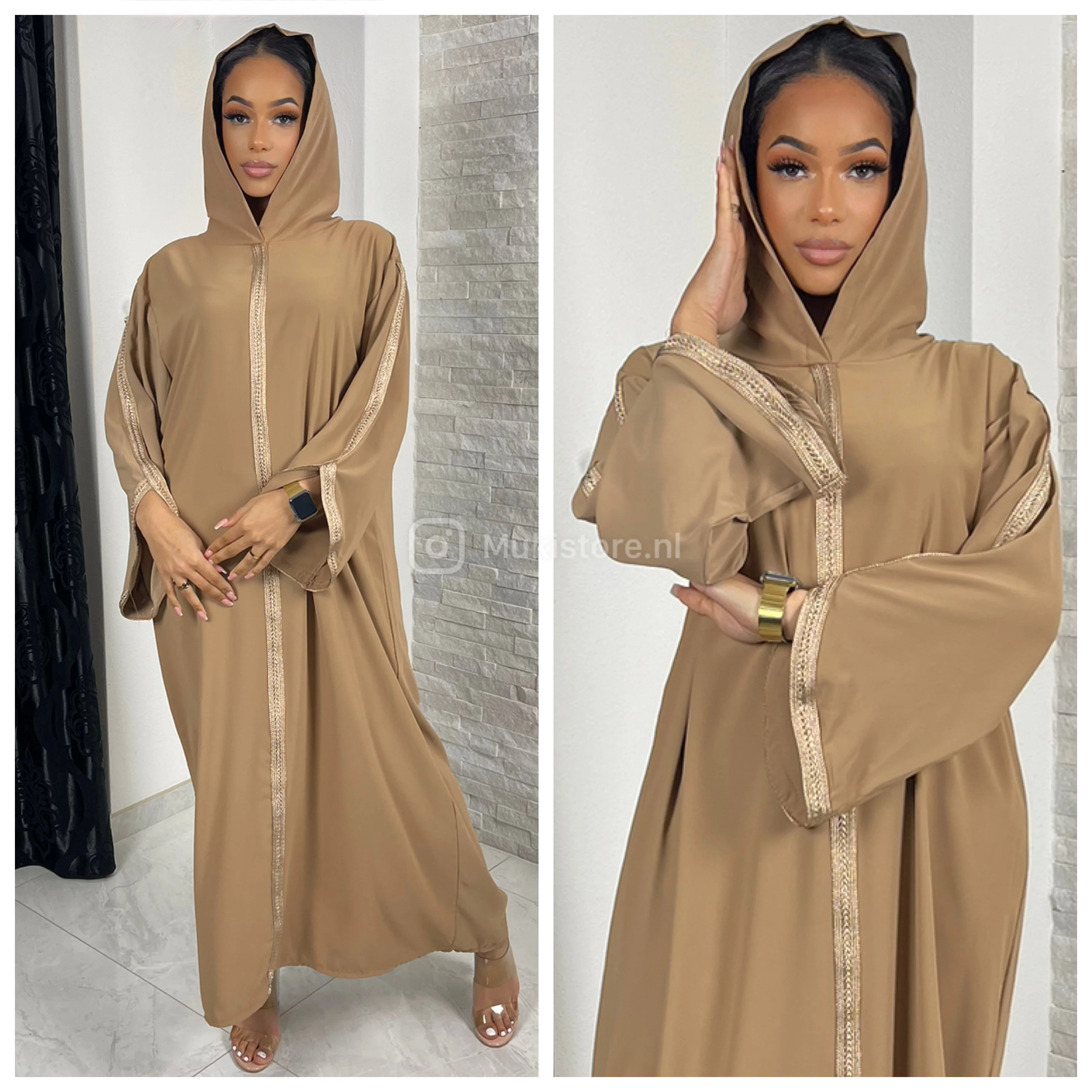 Headscarf Abaya Golden Embroidery Sleeves And Mid Stripe - Image 15