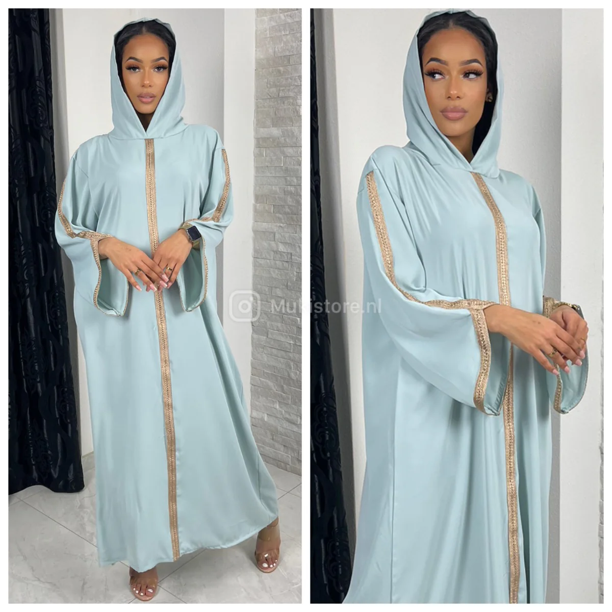 Headscarf Abaya Golden Embroidery Sleeves And Mid Stripe - Image 7