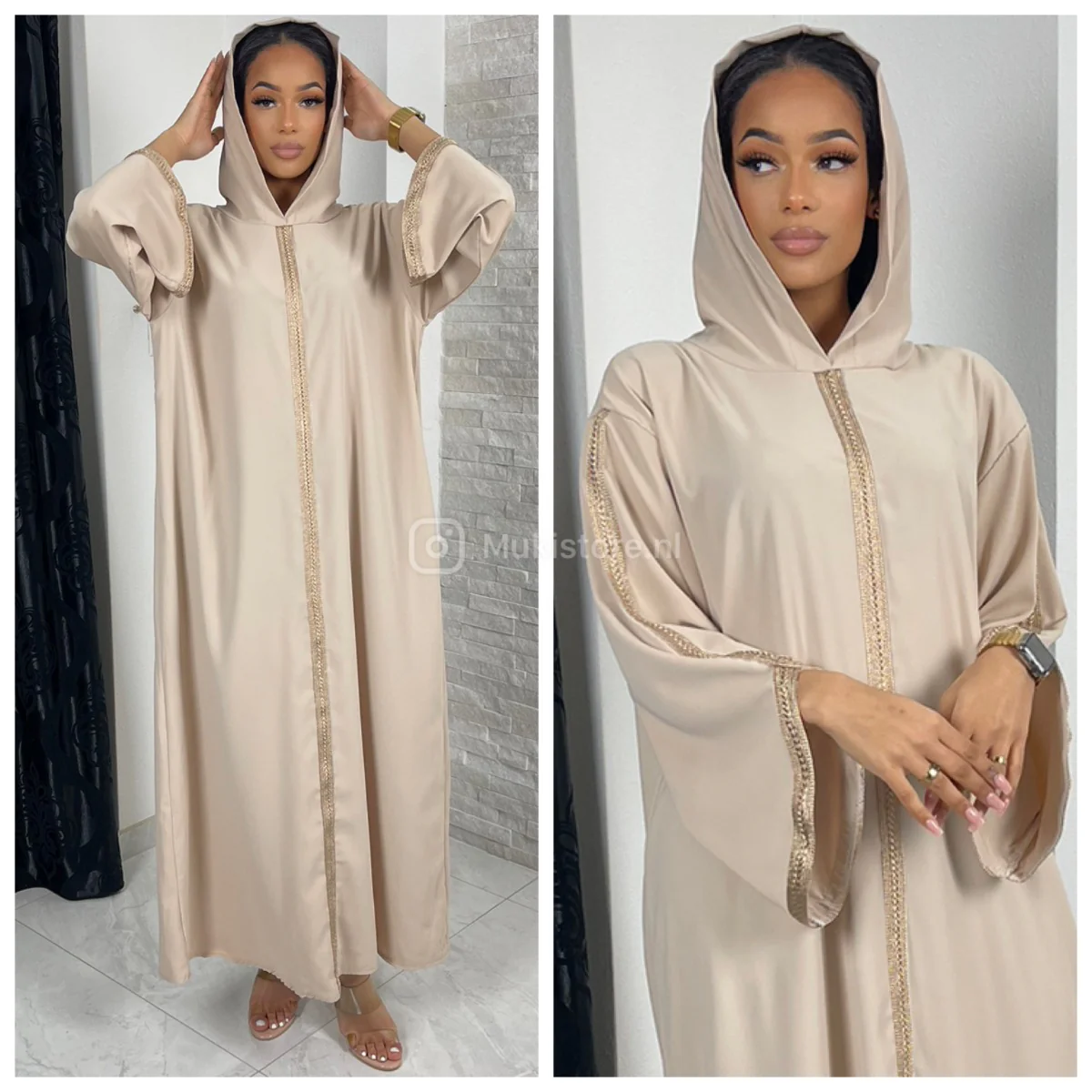 Headscarf Abaya Golden Embroidery Sleeves And Mid Stripe - Image 8