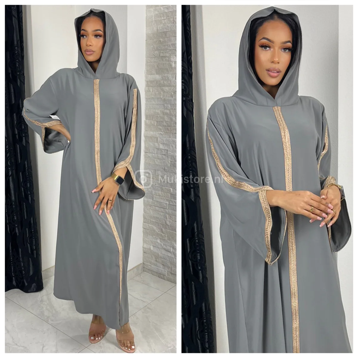 Headscarf Abaya Golden Embroidery Sleeves And Mid Stripe - Image 9