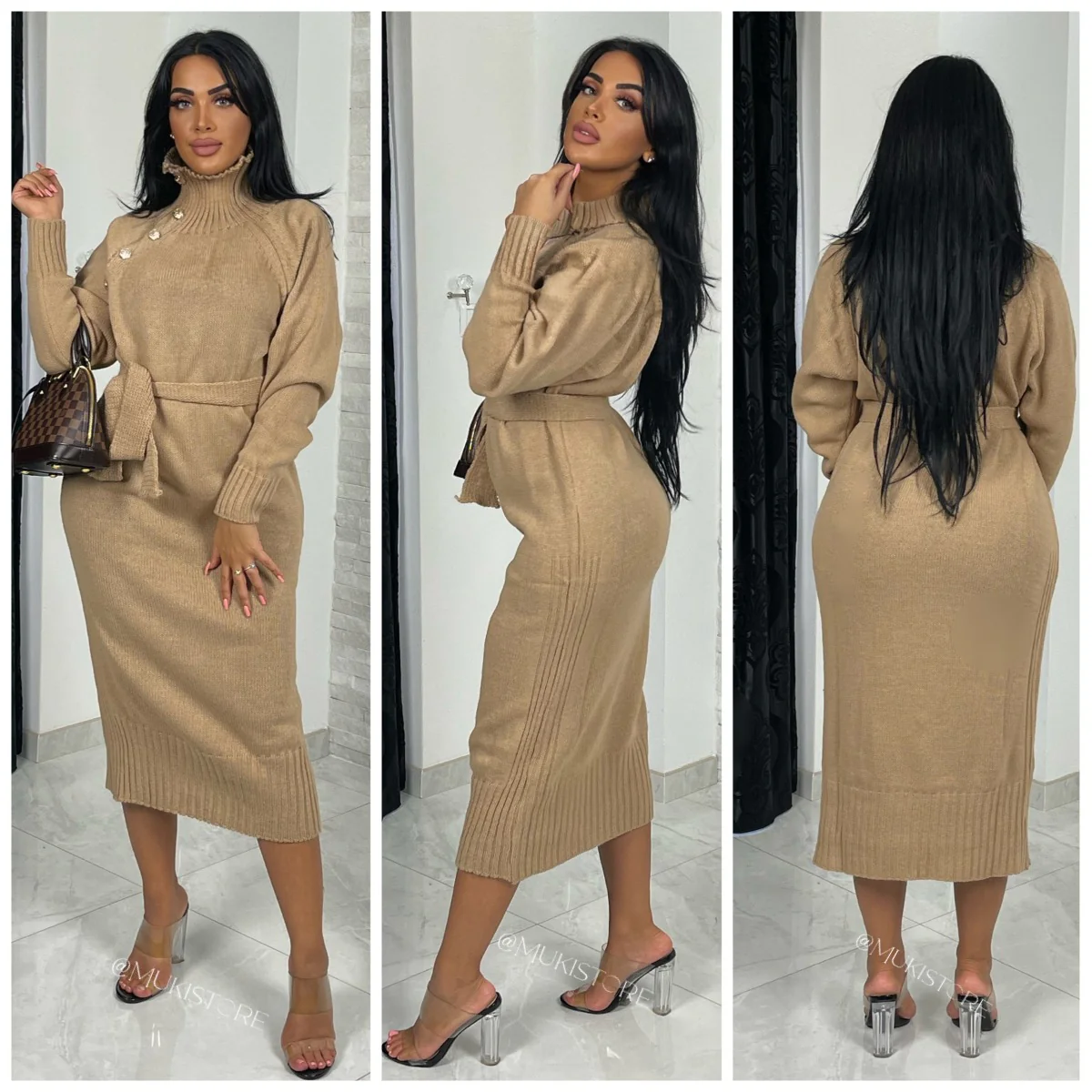 Long Sweater Dress High Neck Tie Belt Button Details - Image 4