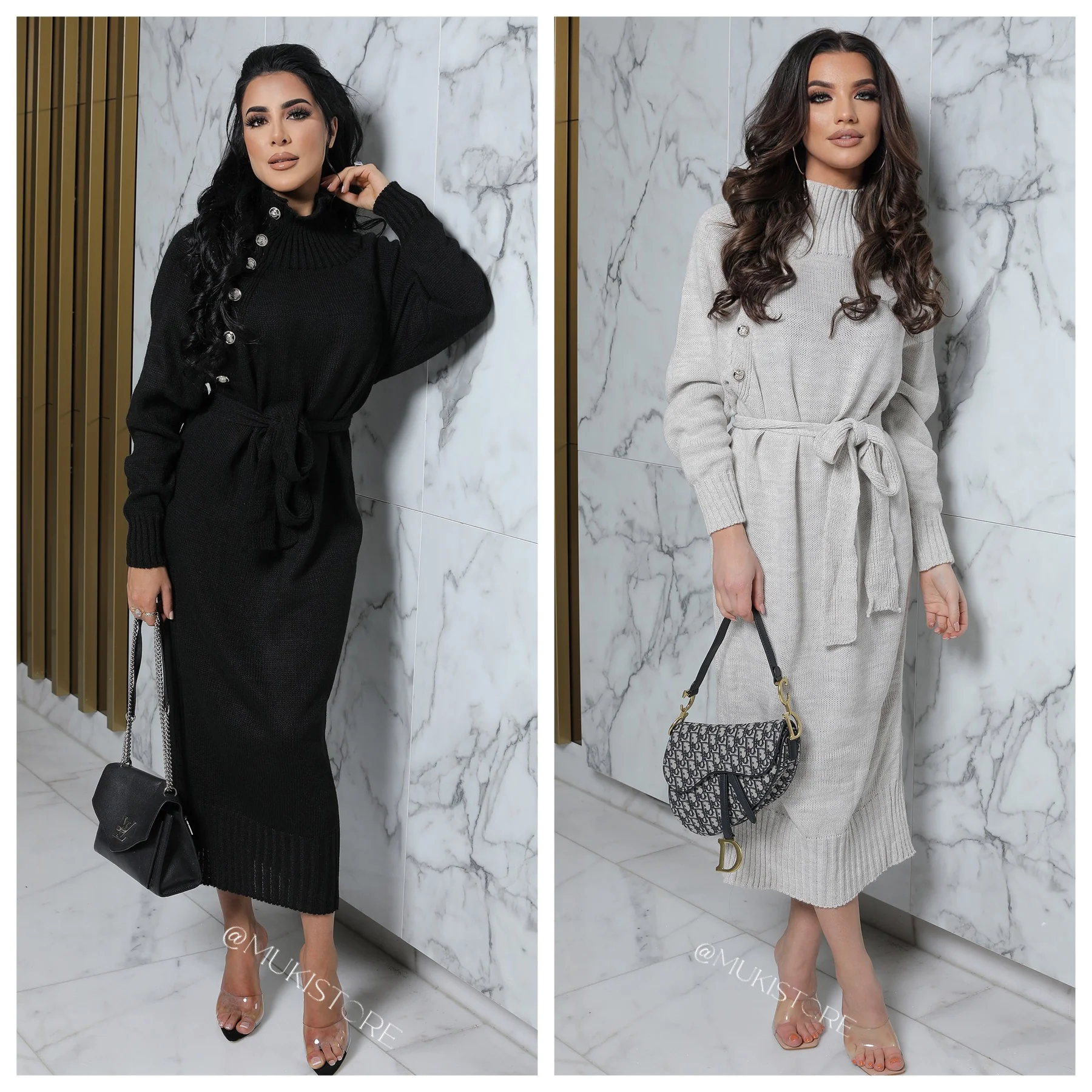 Long Sweater Dress High Neck Tie Belt Button Details - Image 6