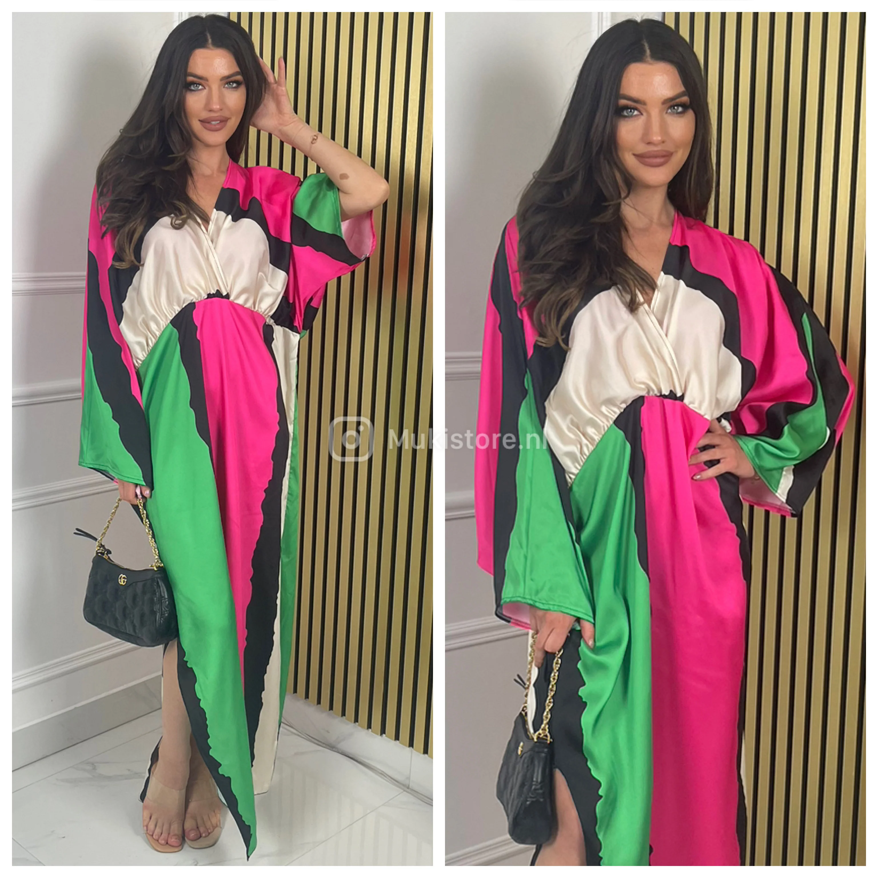 Multicolor Oversized Dress Splits V Neck - Image 5