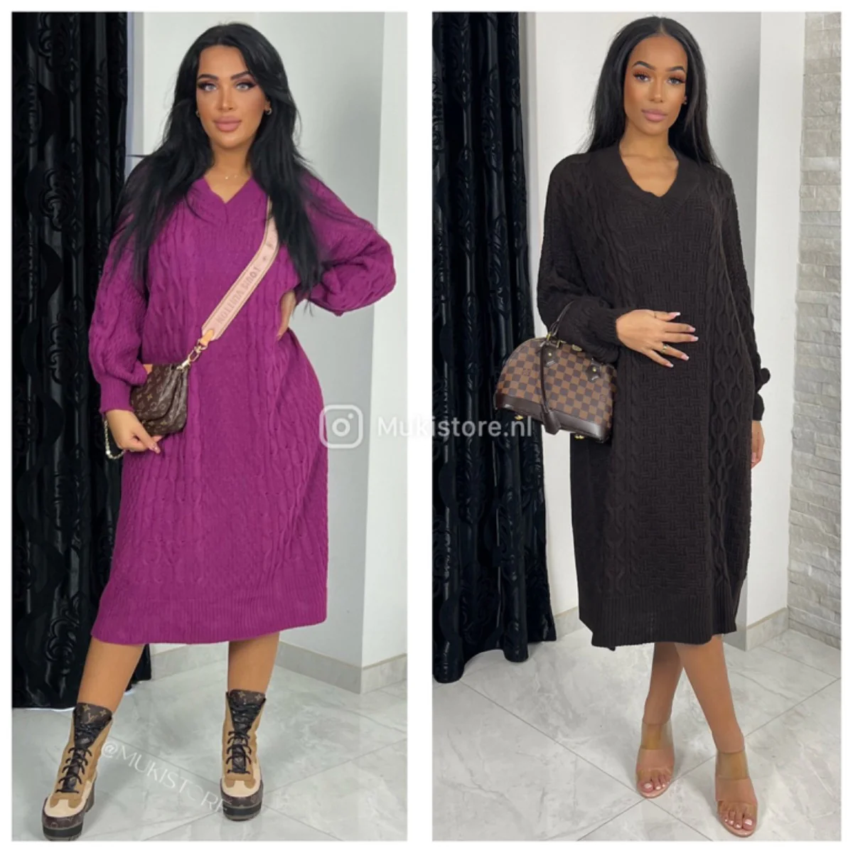 Oversized Cable Dress V Neck Balloon Sleeve 1401 - Image 3