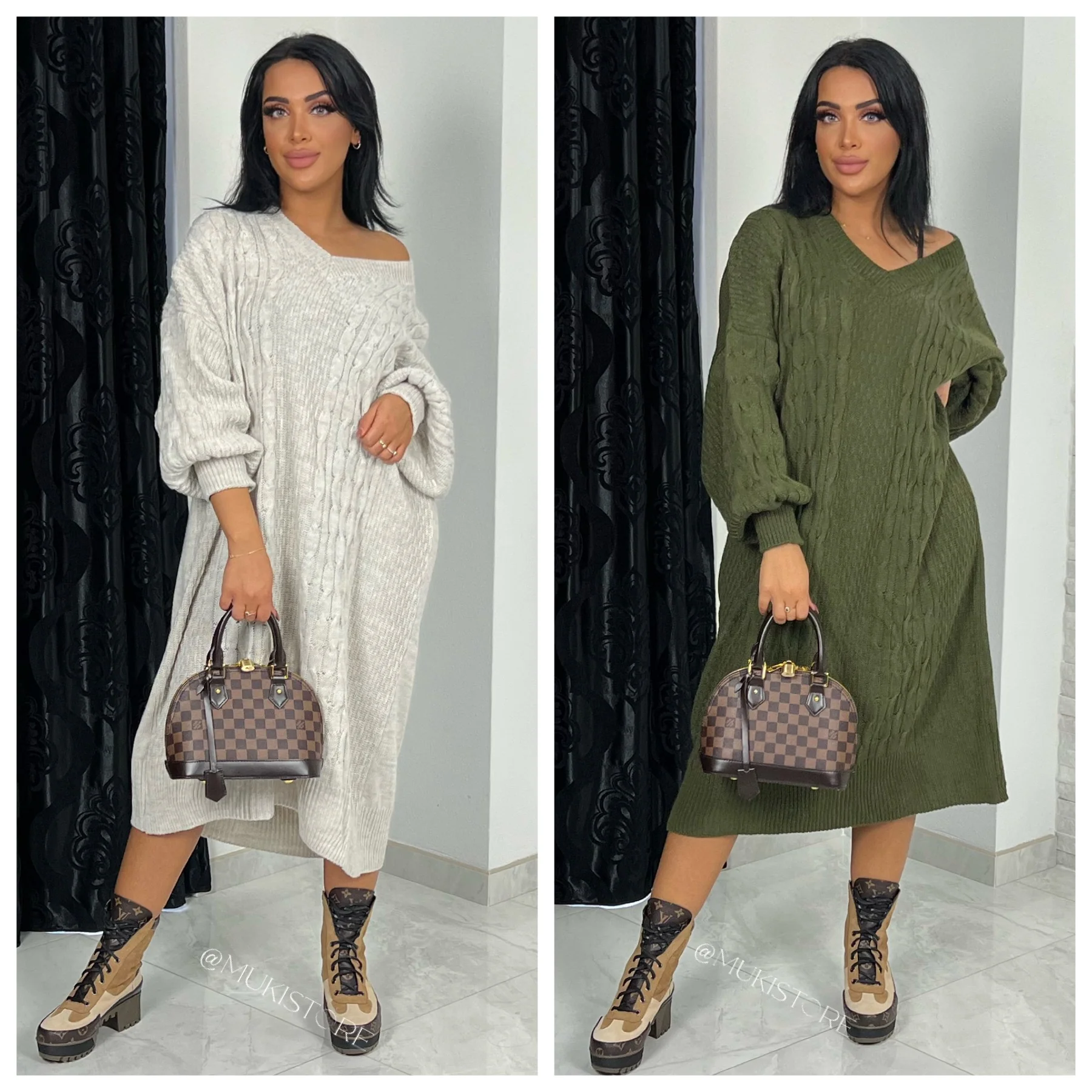 Oversized Cable Dress V Neck Balloon Sleeve 1401 - Image 8