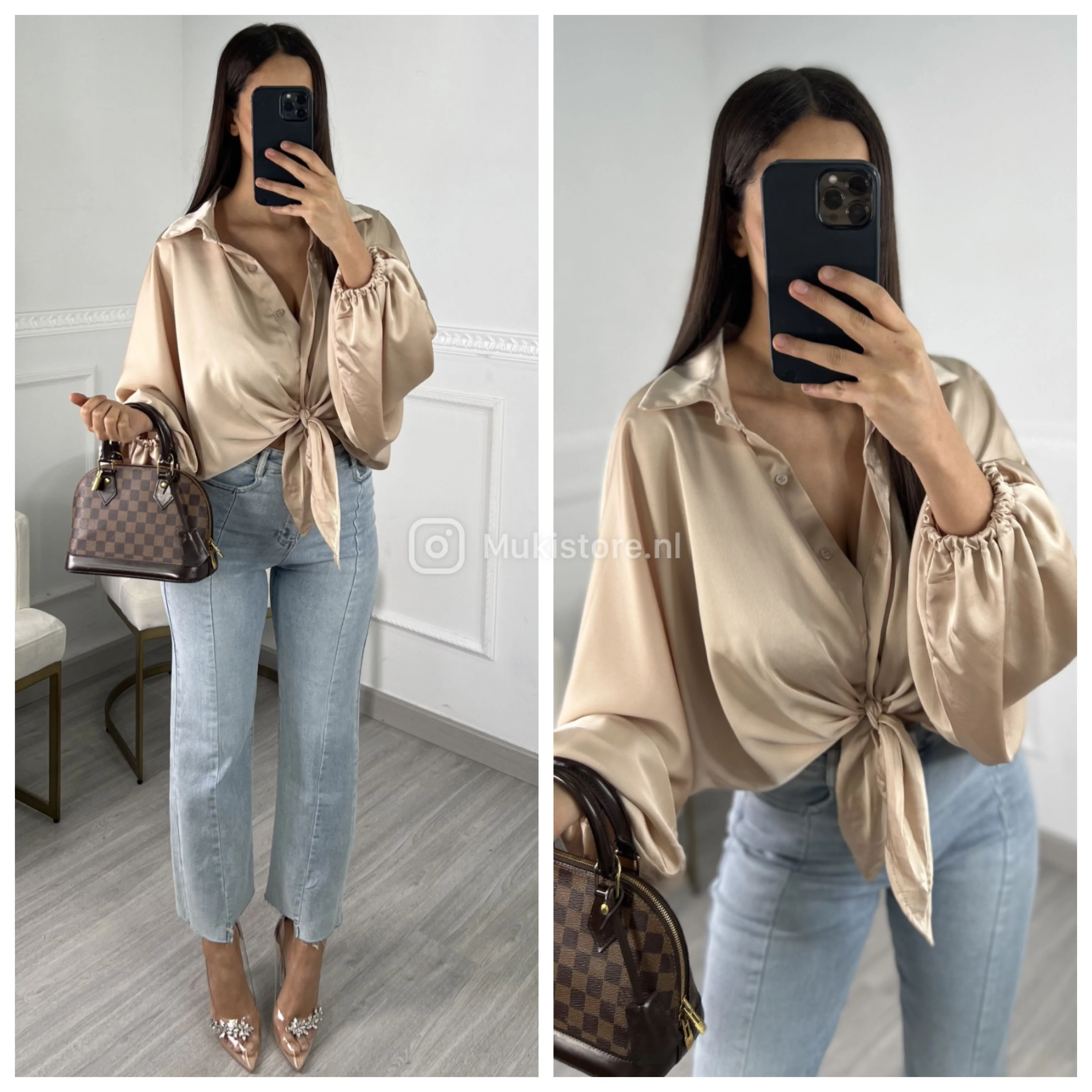 Oversized Satin Crop Blouse Elastic Sleevs - Image 13