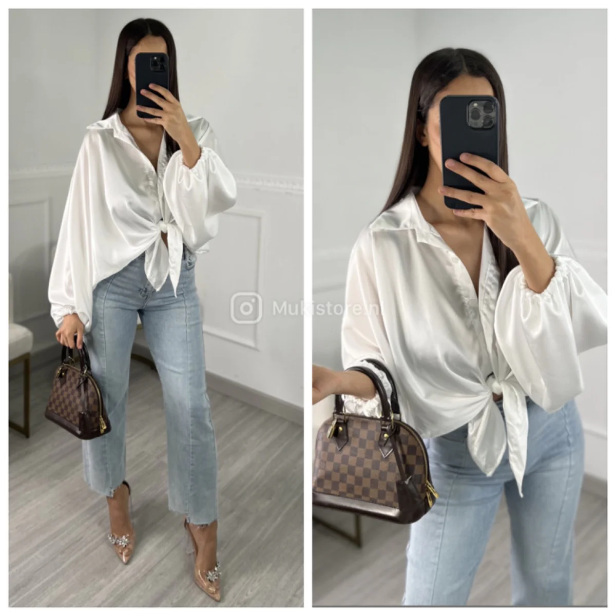 Oversized Satin Crop Blouse Elastic Sleevs - Image 4