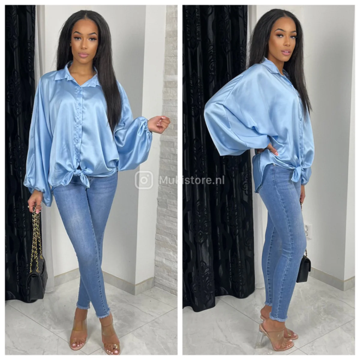 Oversized Satin Crop Blouse Elastic Sleevs - Image 7