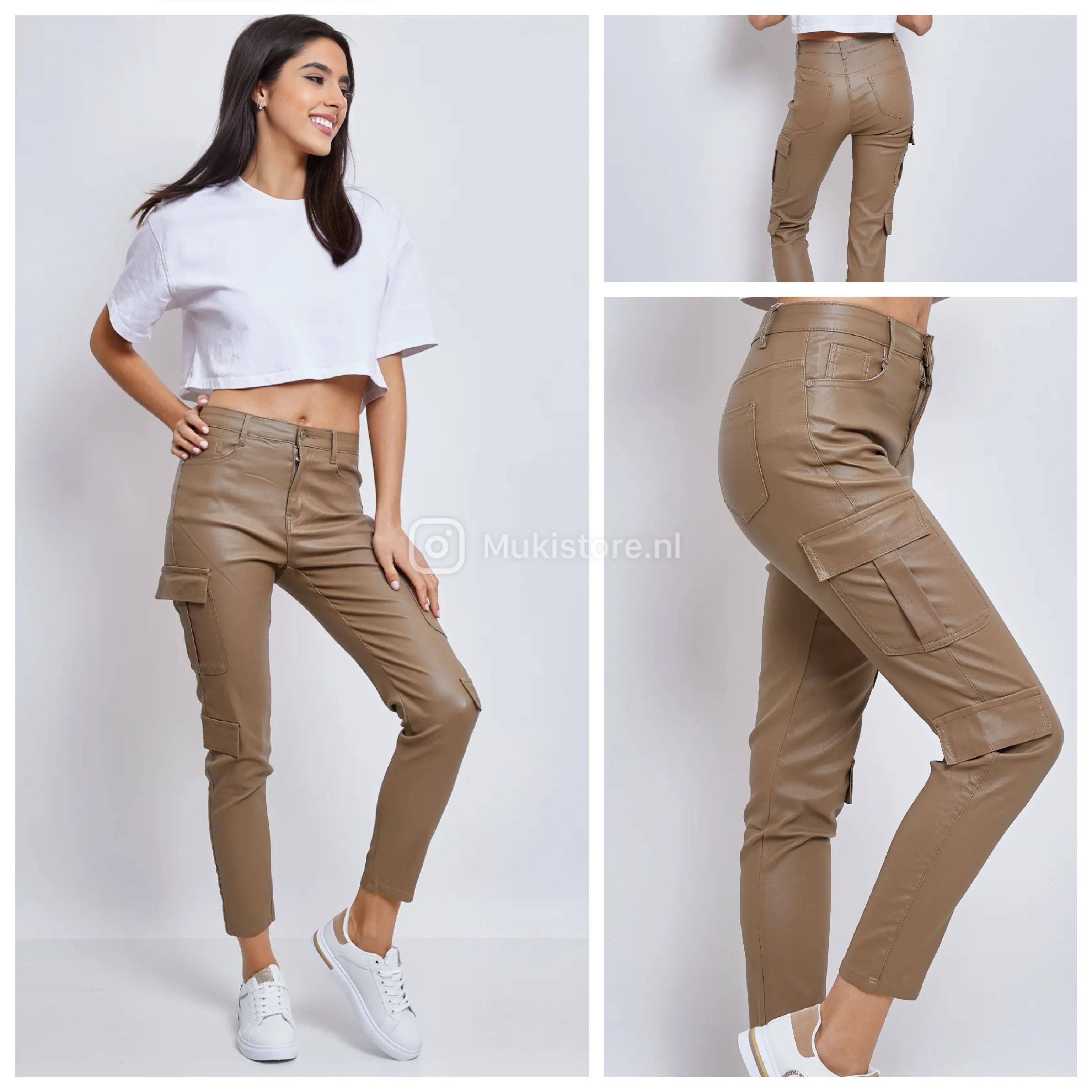 Premium Quality Leather look Brown Cargo Pants 77261-2 - Image 7