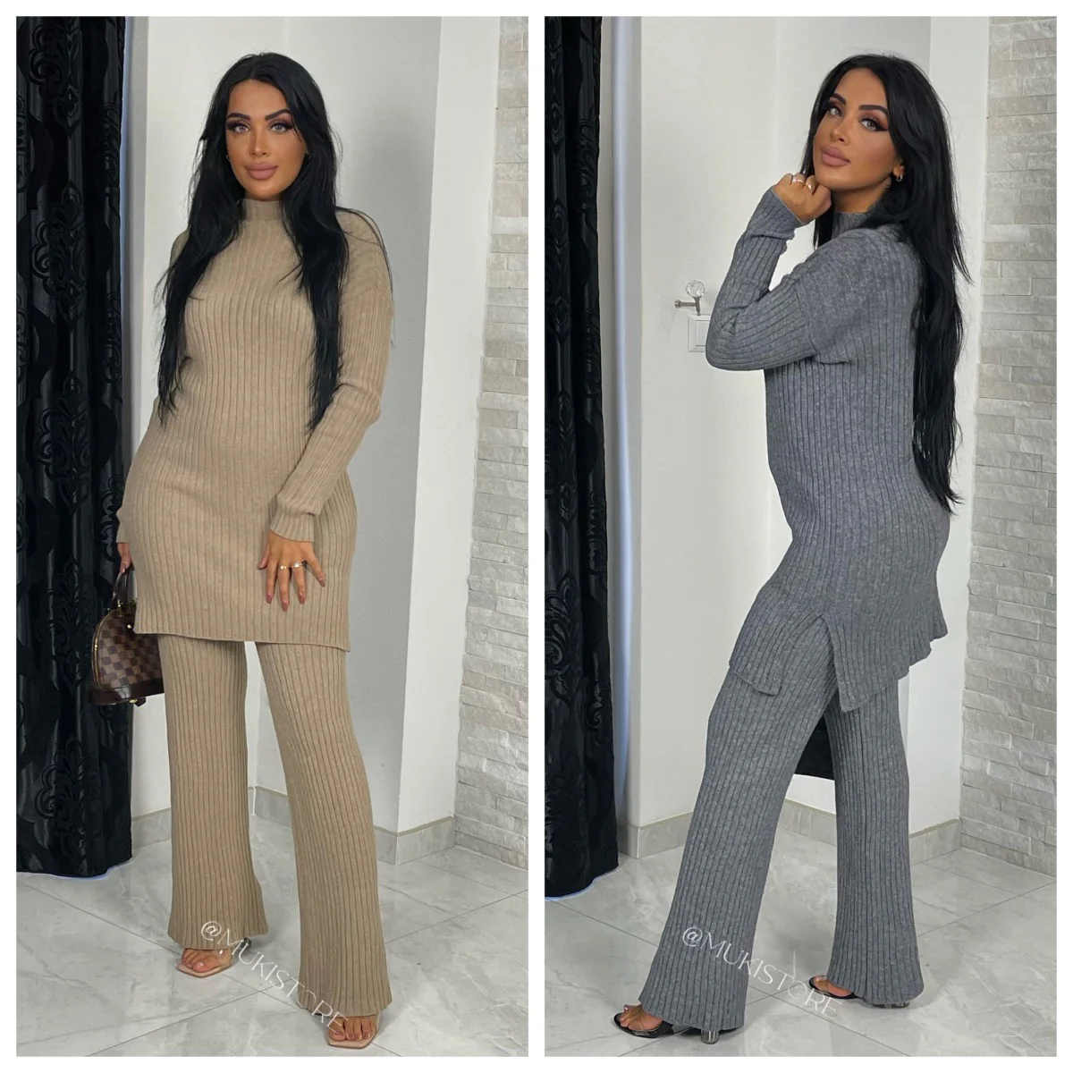 Ribbed High Neck Side Splits Long Wide Leg Set - Image 11