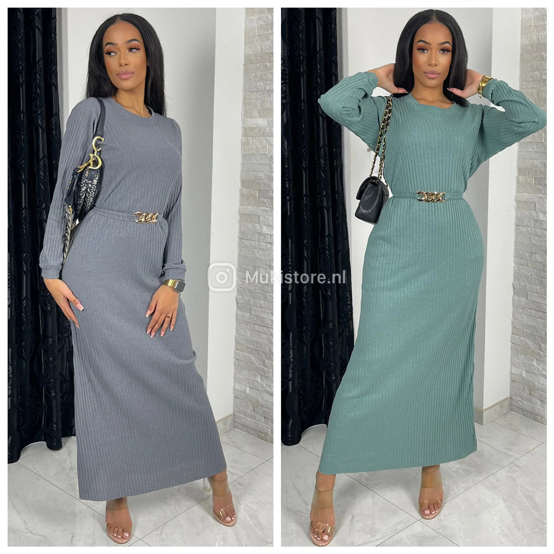 Round Neck Thin Ribbed Tie Belt Gold Dress - Image 6