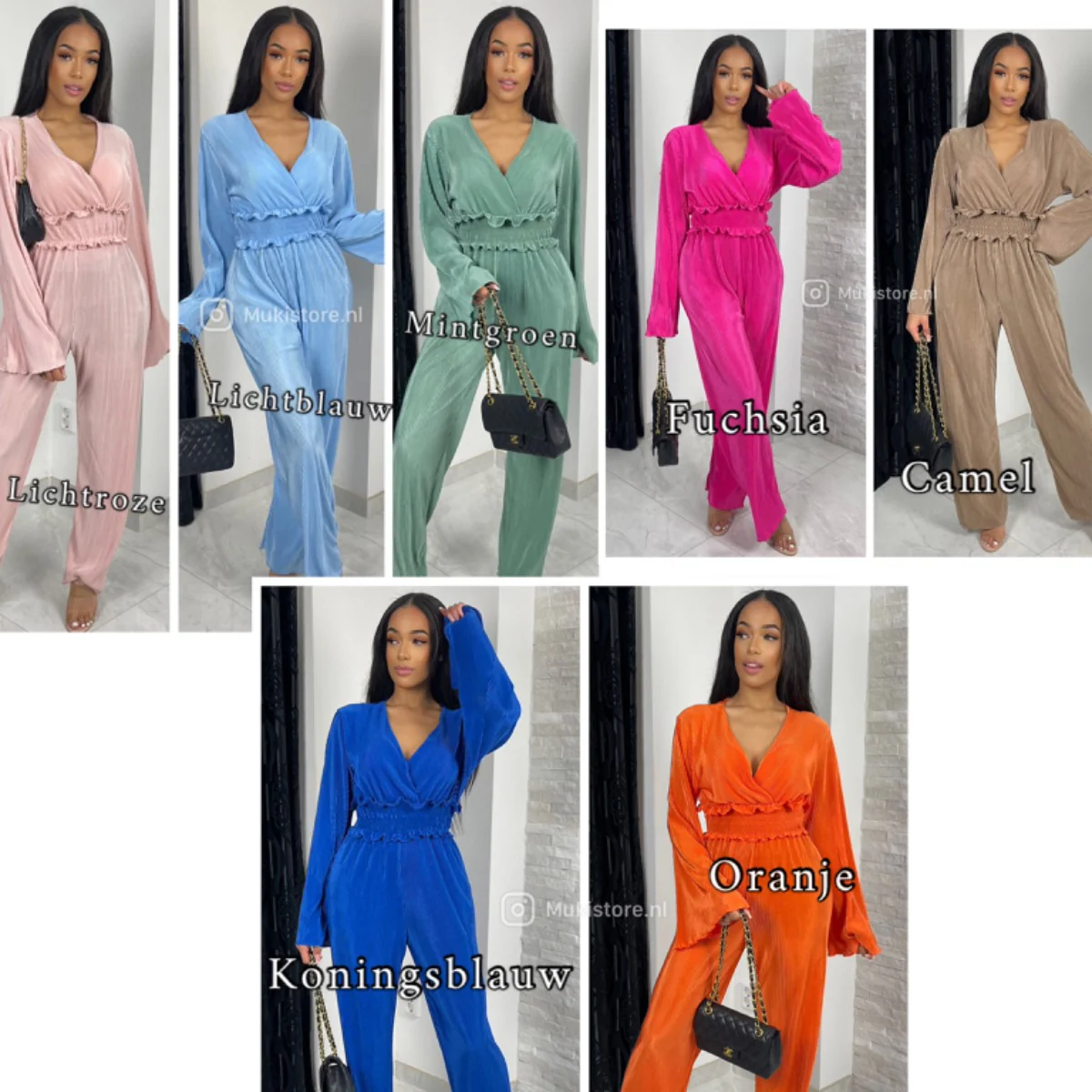 Shiny Ribbed Jumpsuit V Neck Waist Detail - Image 11