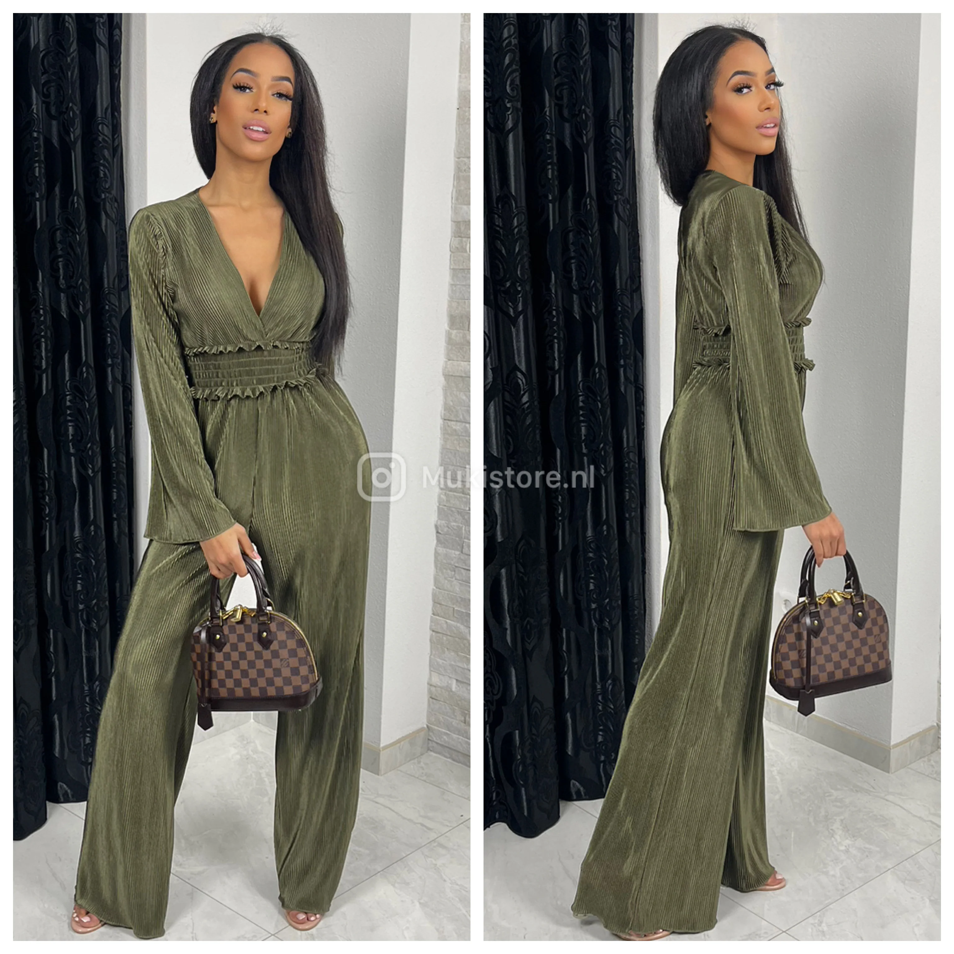 Shiny Ribbed Jumpsuit V Neck Waist Detail - Image 12