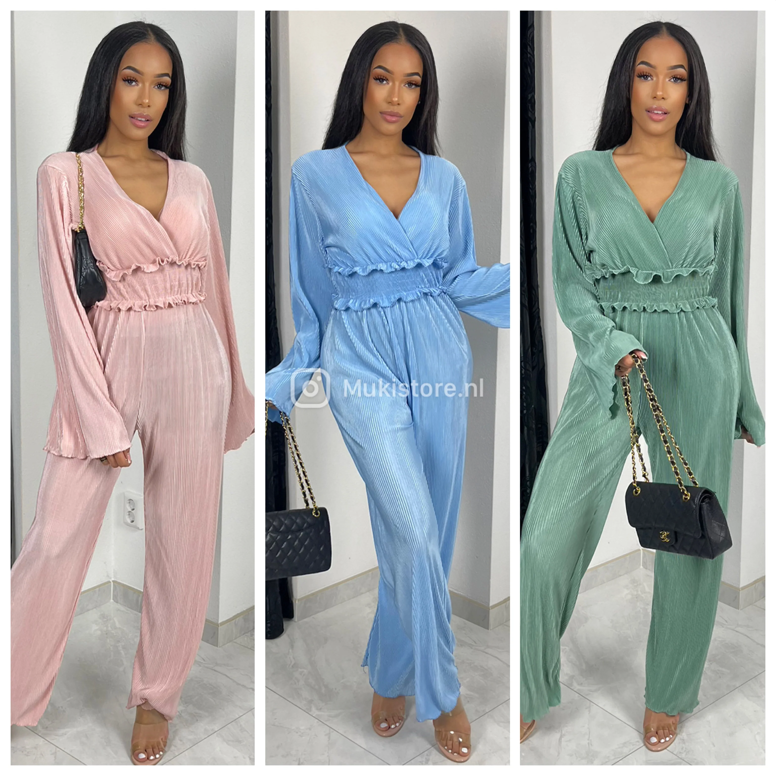 Shiny Ribbed Jumpsuit V Neck Waist Detail - Image 21