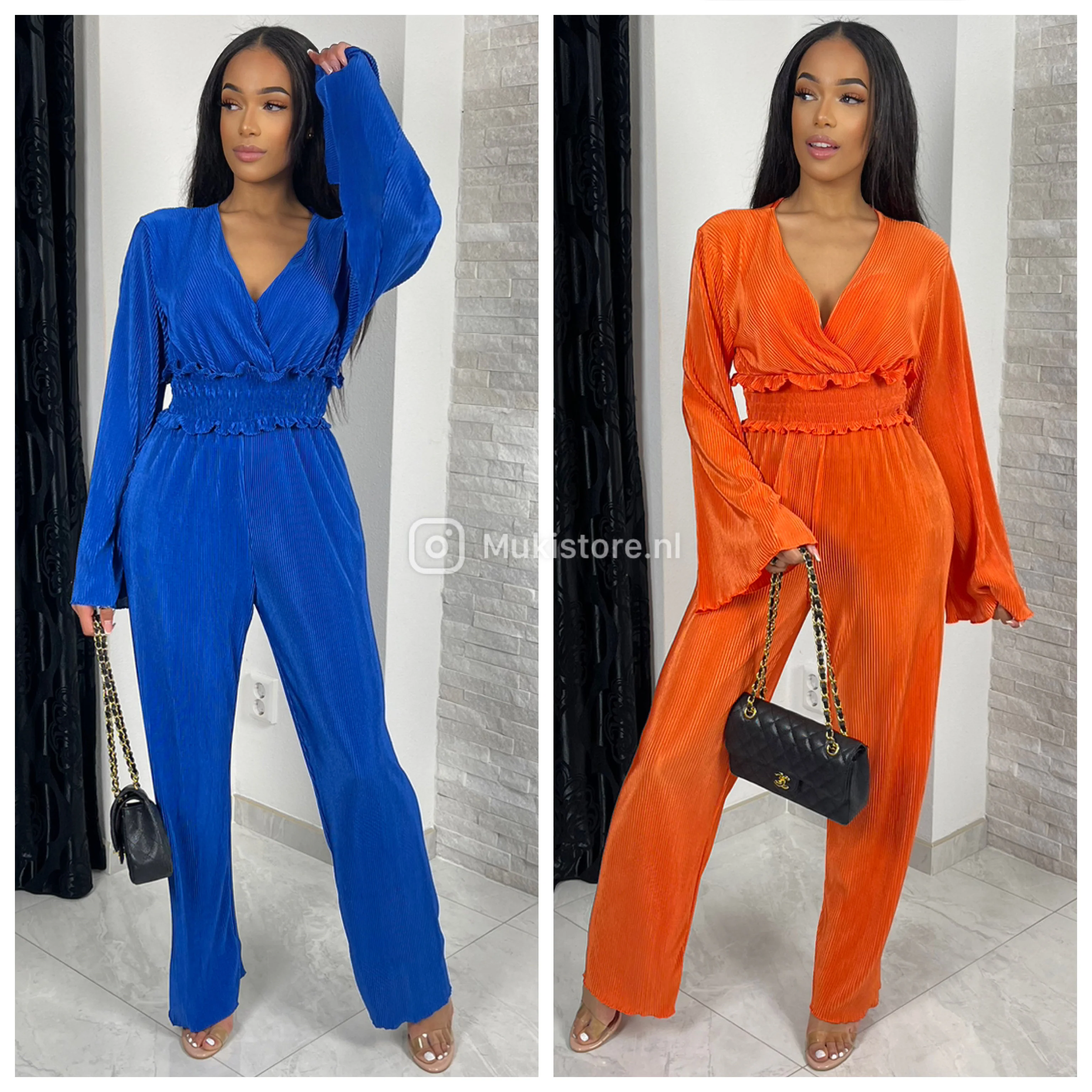 Shiny Ribbed Jumpsuit V Neck Waist Detail - Image 22