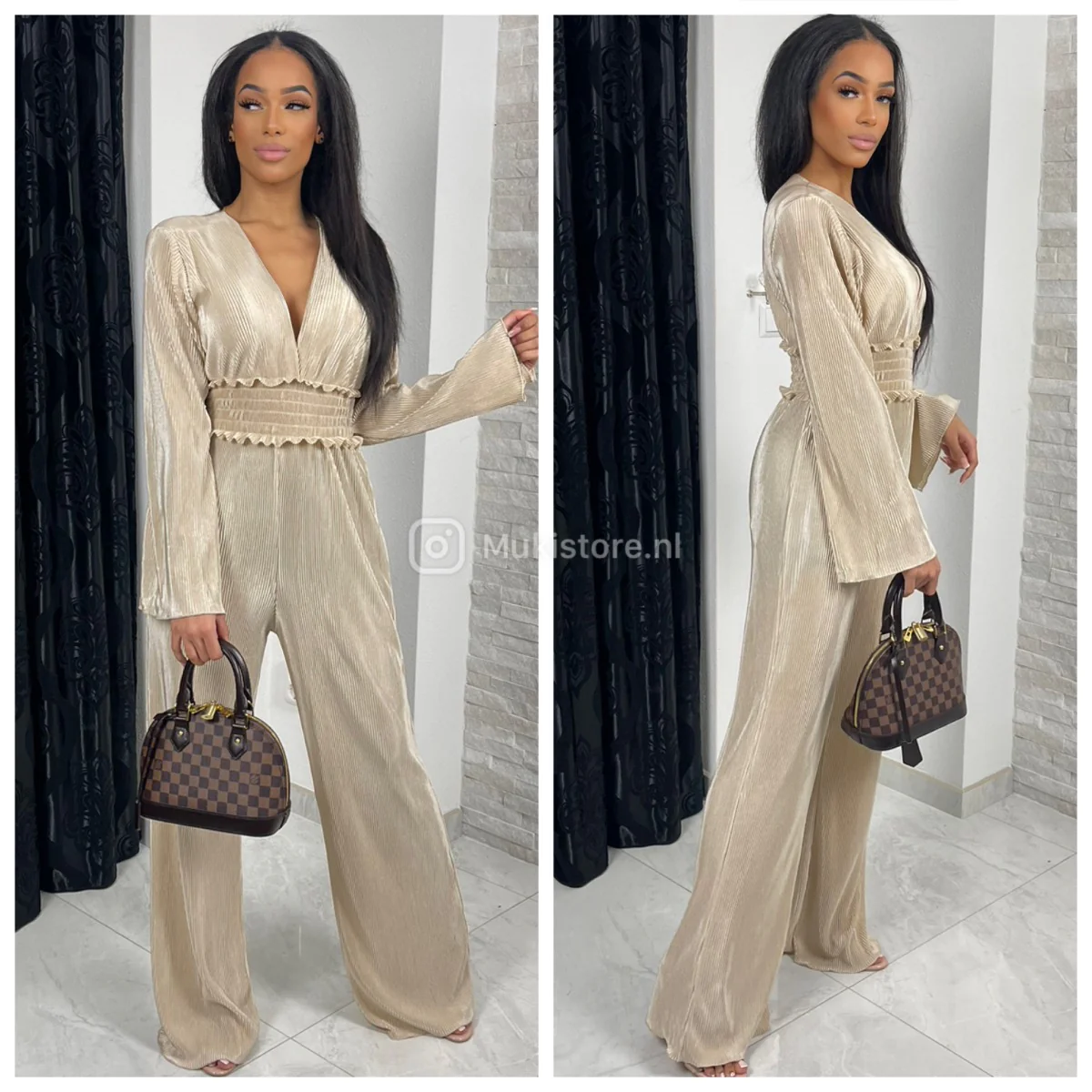 Shiny Ribbed Jumpsuit V Neck Waist Detail - Image 5