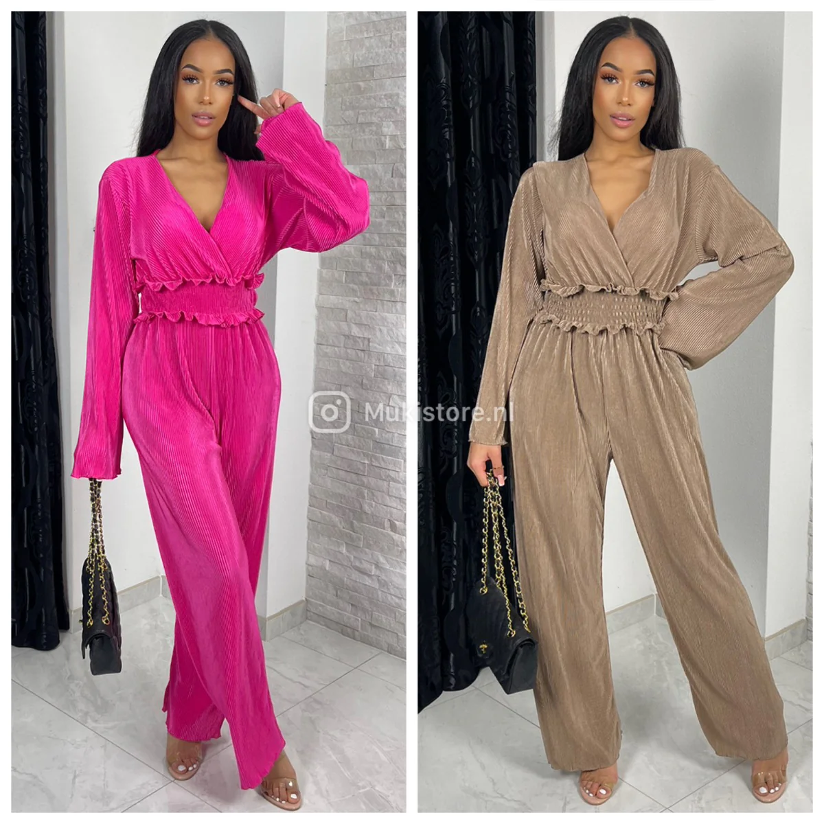 Shiny Ribbed Jumpsuit V Neck Waist Detail - Image 9