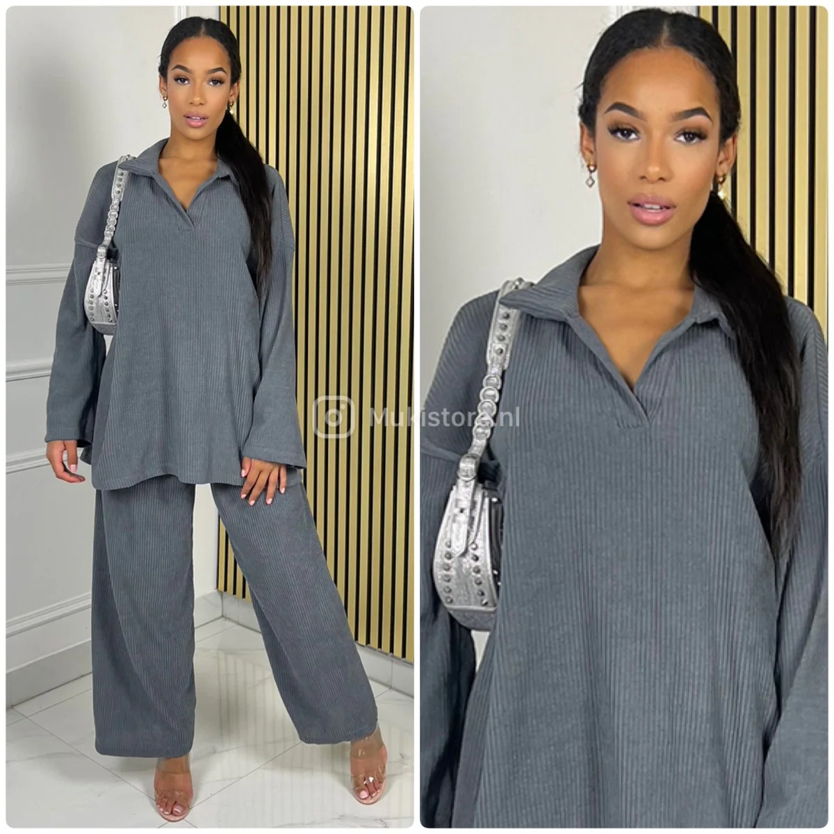 V Neck Collar Thick Corduroy Wide Leg Set - Image 6