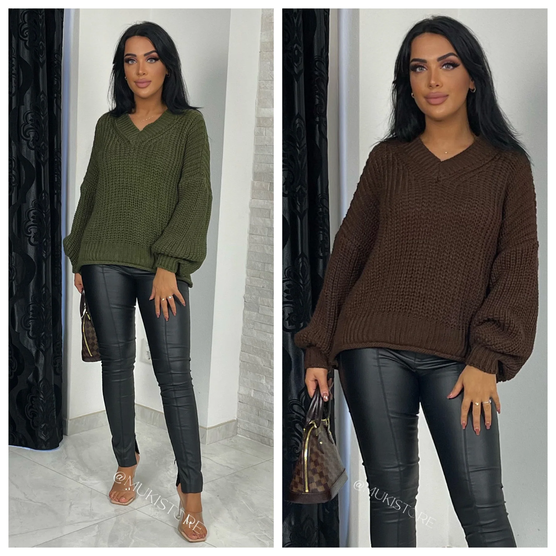 V Neck Knitwear Sweater Balloon Sleeves - Image 7