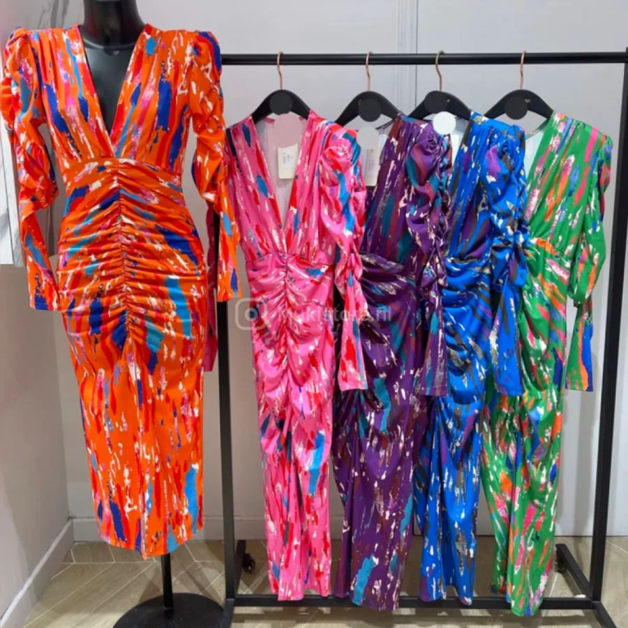 V Neck Printed Dress Taille Detail Shoulder Pads 7932-1 - Image 19